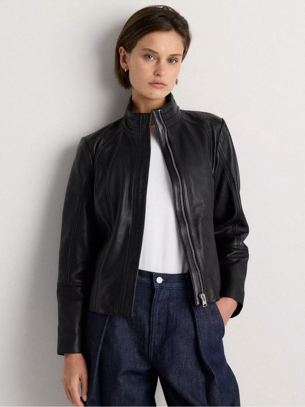 Quince 100% Leather Stand-Collar Jacket Front Zip Zip-Up Coat Black Smooth
